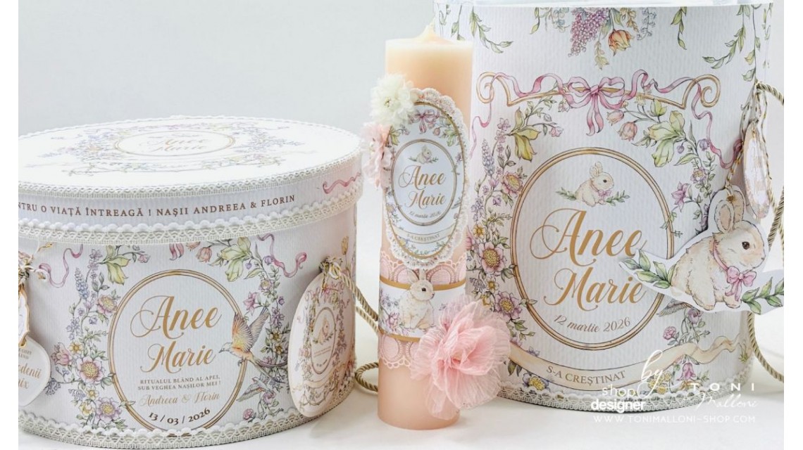 Lumânare Botez Fetiță Belle Époque cu Iepuraș Floral Lumânare Stâlp 30 cm H × 7 cm 5